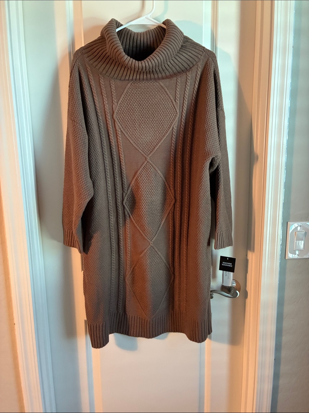Signature by Robbie Bee Cowl Neck Cable Knit Sweater Dress in Taupe
